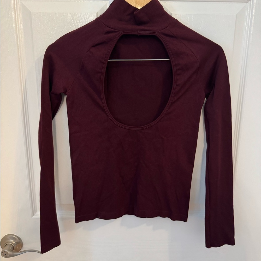 Free People Long Sleeve Turtleneck Top with Open Back - Wine - Picture 2 of 3